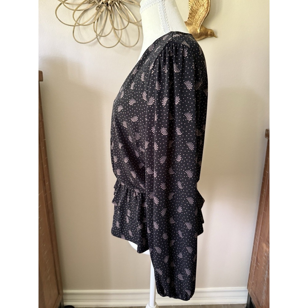 Gilli Peplum Blouse Womens L Black Pink Paisley Polka Dot V Neck Long Sleeve - Picture 4 of 9